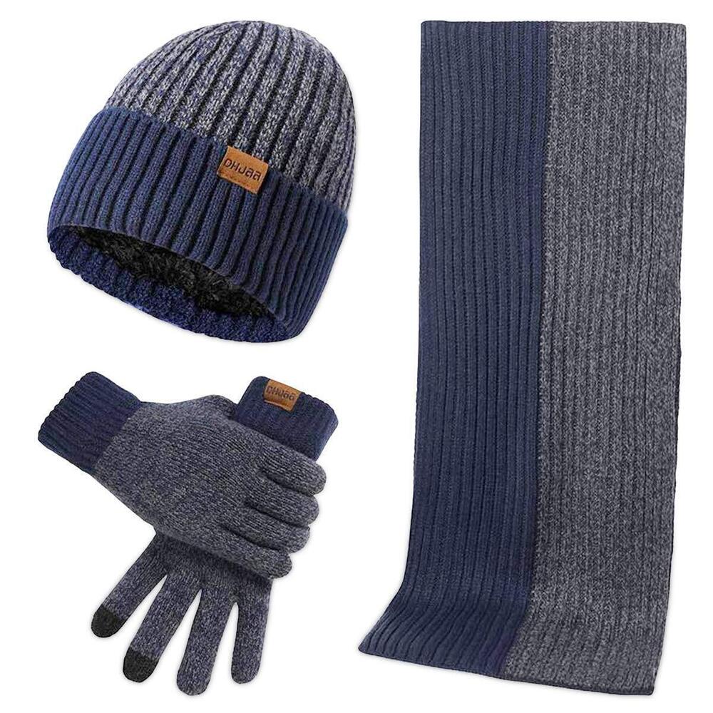 1630 Winter 3 in 1 Set Two-Color Jacquard Touch Screen Gloves Knitted